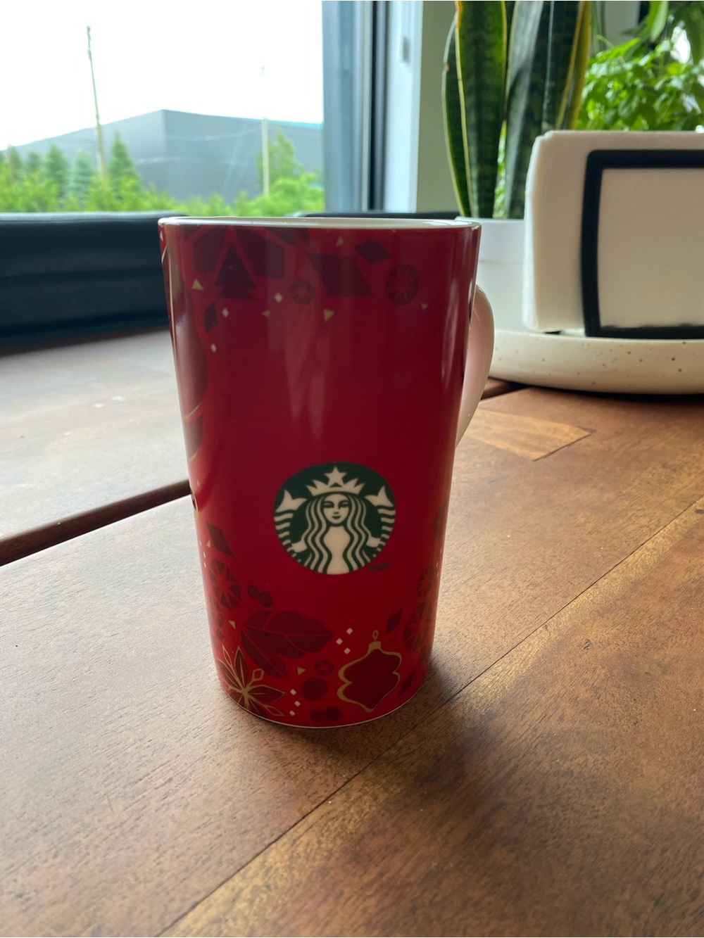 Starbucks Red Ceramic Mug with Green Logo and Gold Accents